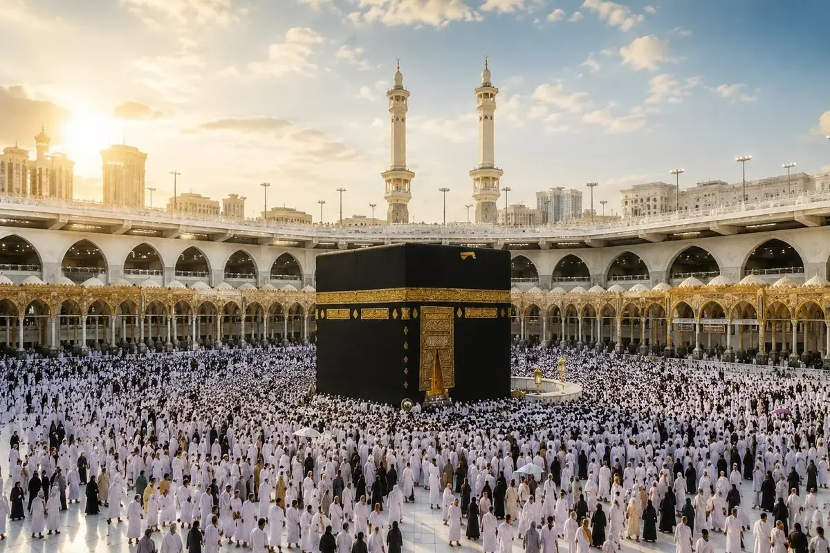 Pilgrims performing Tawaf around the Kaaba at Masjid al-Haram in Makkah