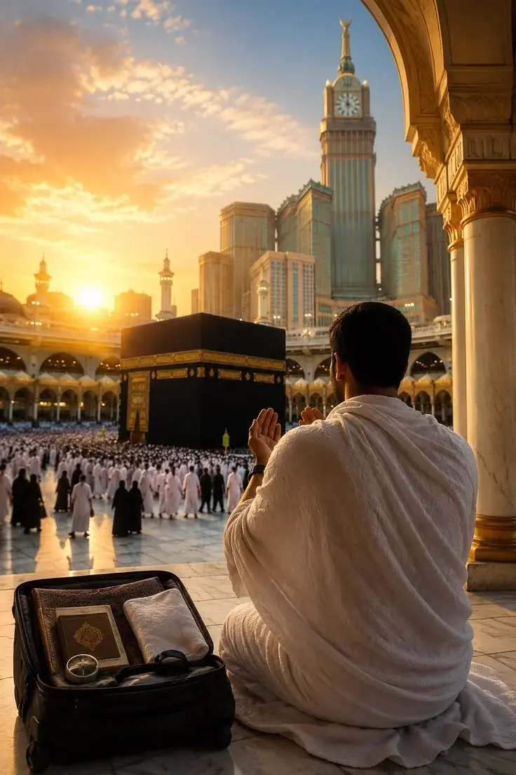 Pilgrim in Ihram praying near the Kaaba during sunset in Makkah
