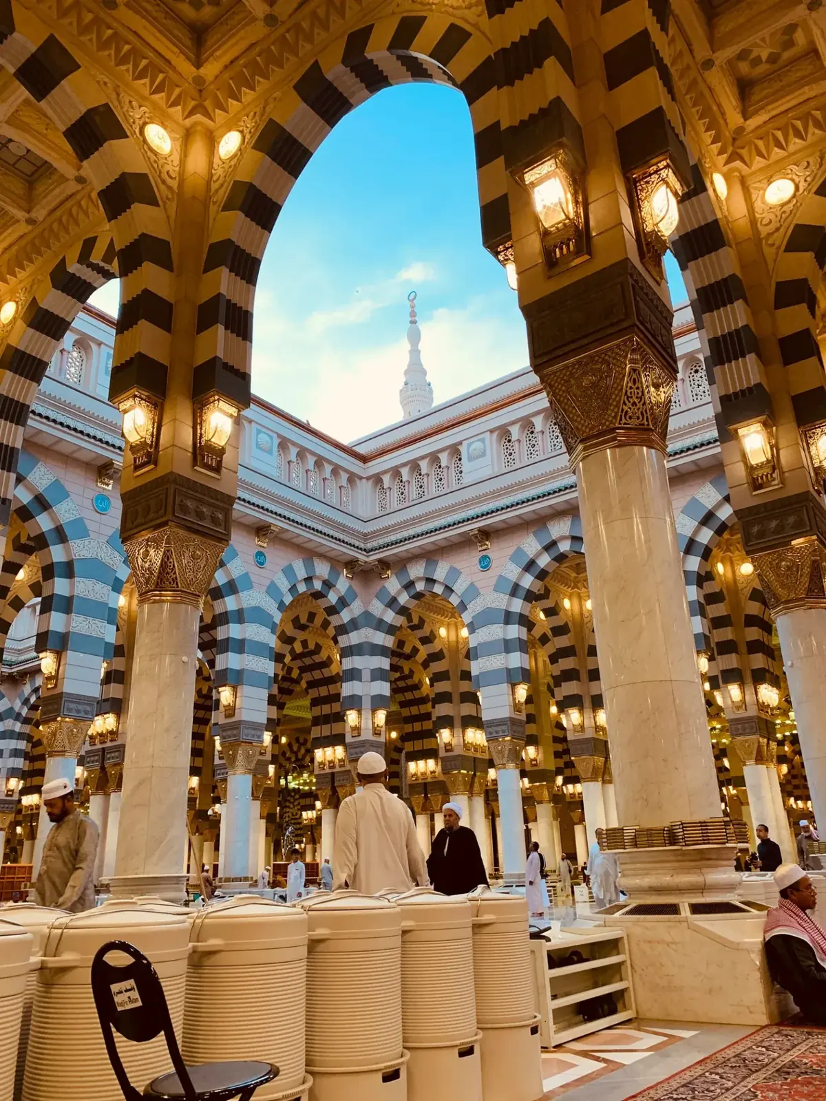 Ornate arches inside Al-Masjid an-Nabawi in Madinah