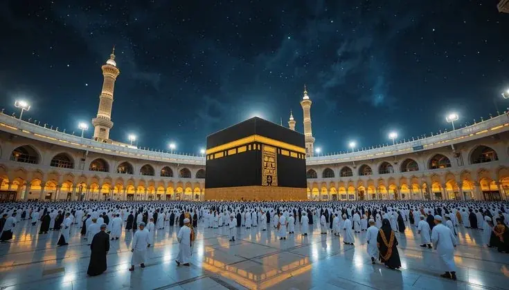 Kaaba at Masjid al-Haram in Makkah at night surrounded by pilgrims